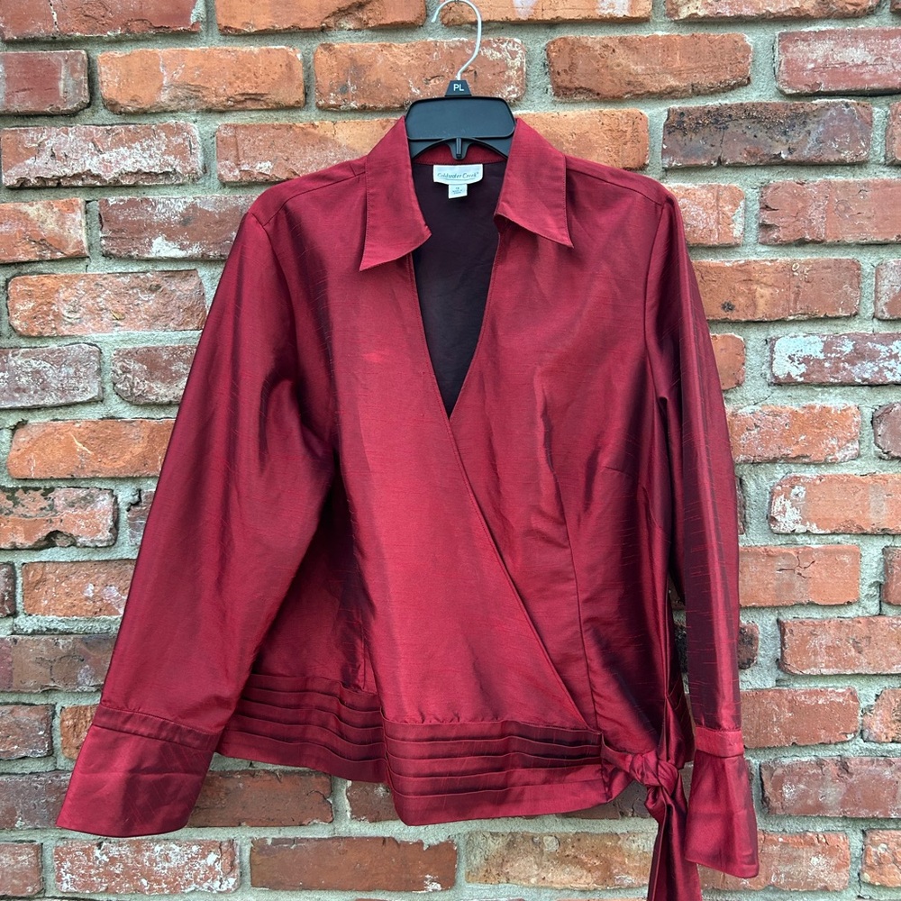 Coldwater Creek Red Holiday Formal Surplice Blouse Pleated 1X Side Tie